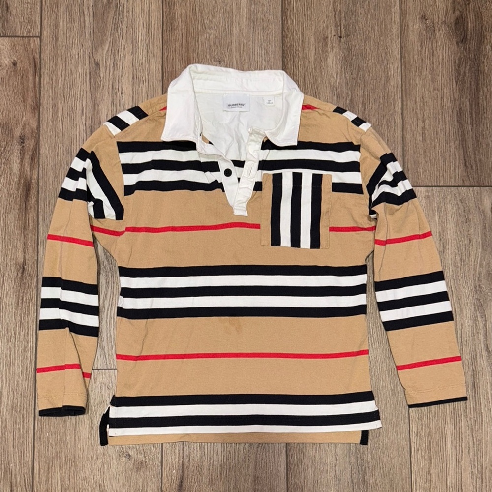 Burberry Tan and Black Button Down Shirt with Striped Pattern